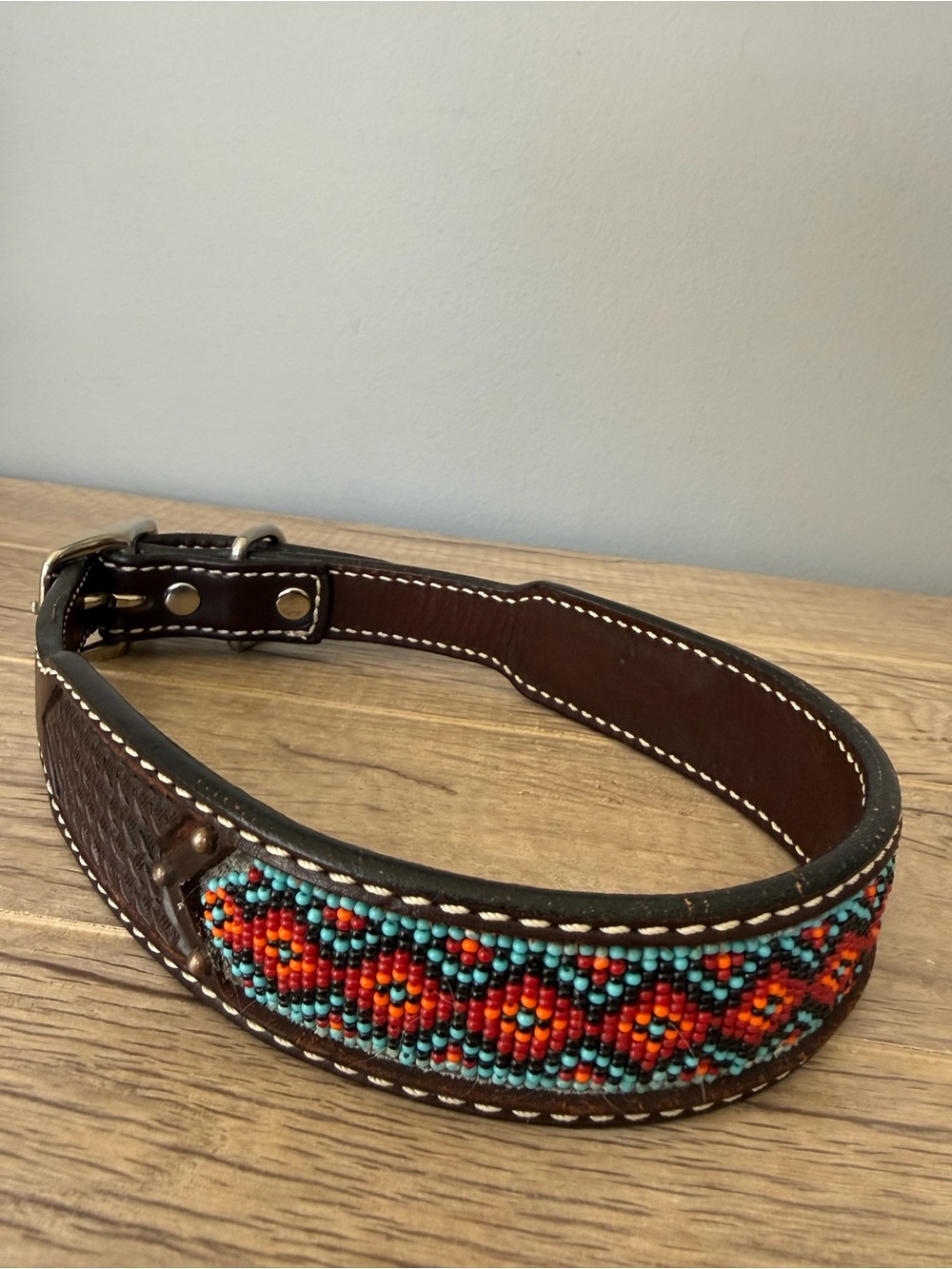 26" L / XL Dog Collar Leather Western Carved Embossed Tooled Beaded Studs Aztec